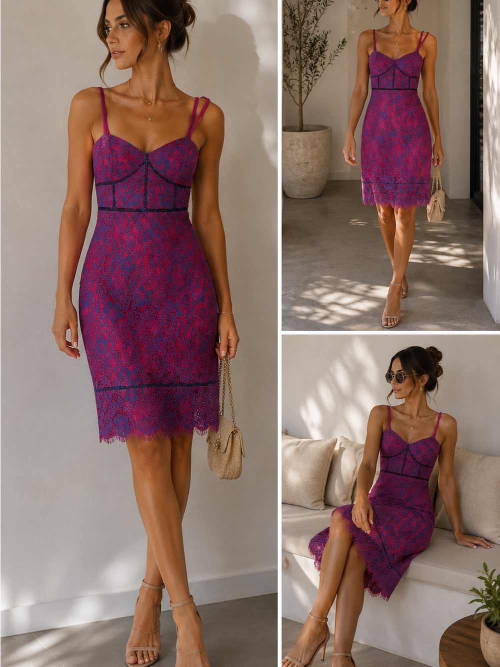 Guess Fuchsia Lace Midi Dress with Black Trim